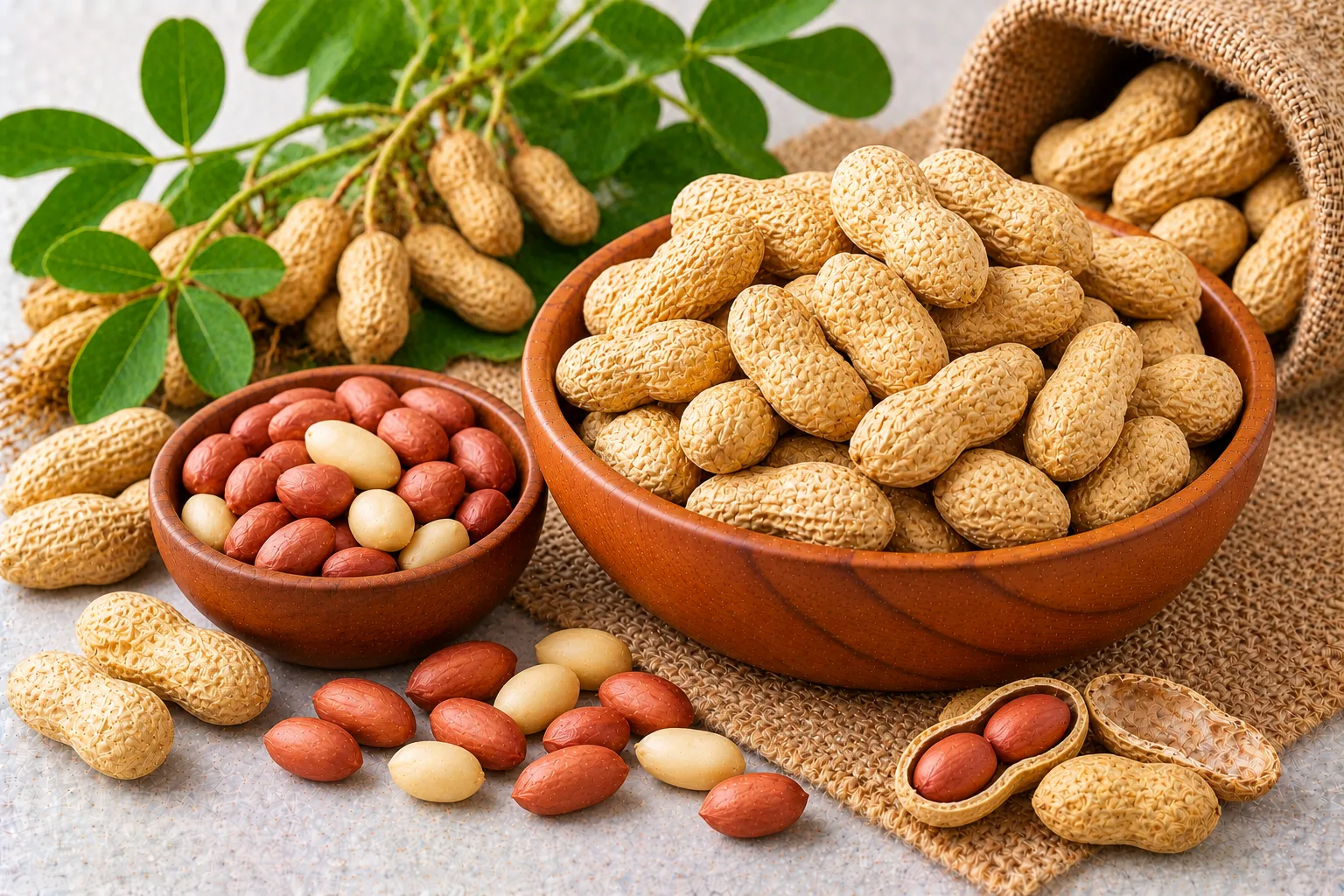 Organic peanuts in shell in a wooden bowl, with red-skin and blanched peanut kernels, a jute sack and a peanut plant