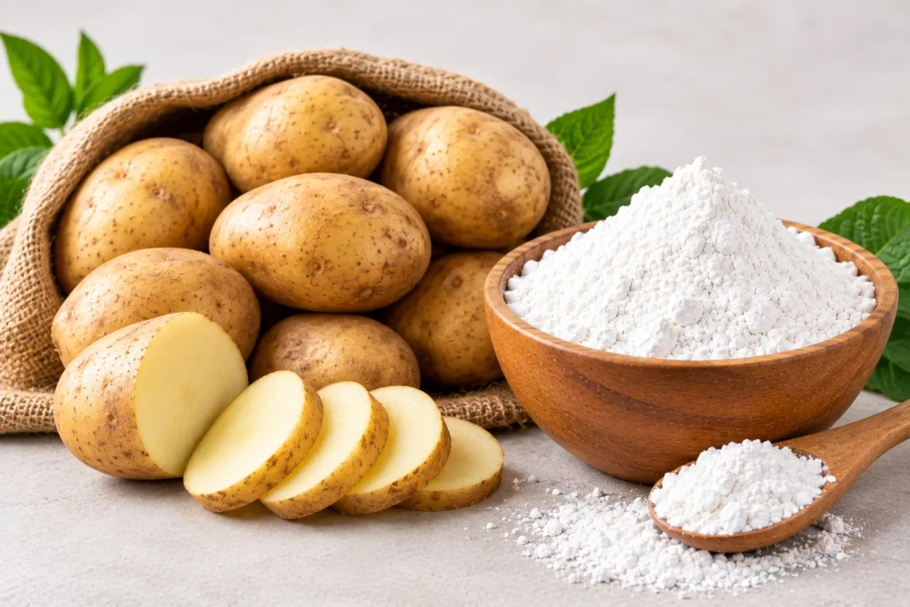 Organic potato starch in a wooden bowl with fresh potatoes in a jute sack