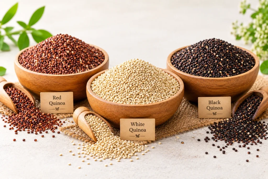 Organic white, red and black quinoa seeds from India
