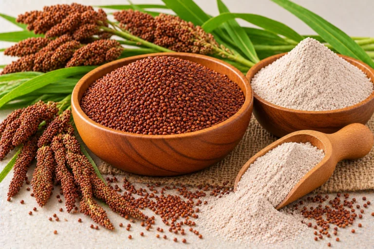 Organic ragi (finger millet) grains and ragi flour in wooden bowls with ragi ears