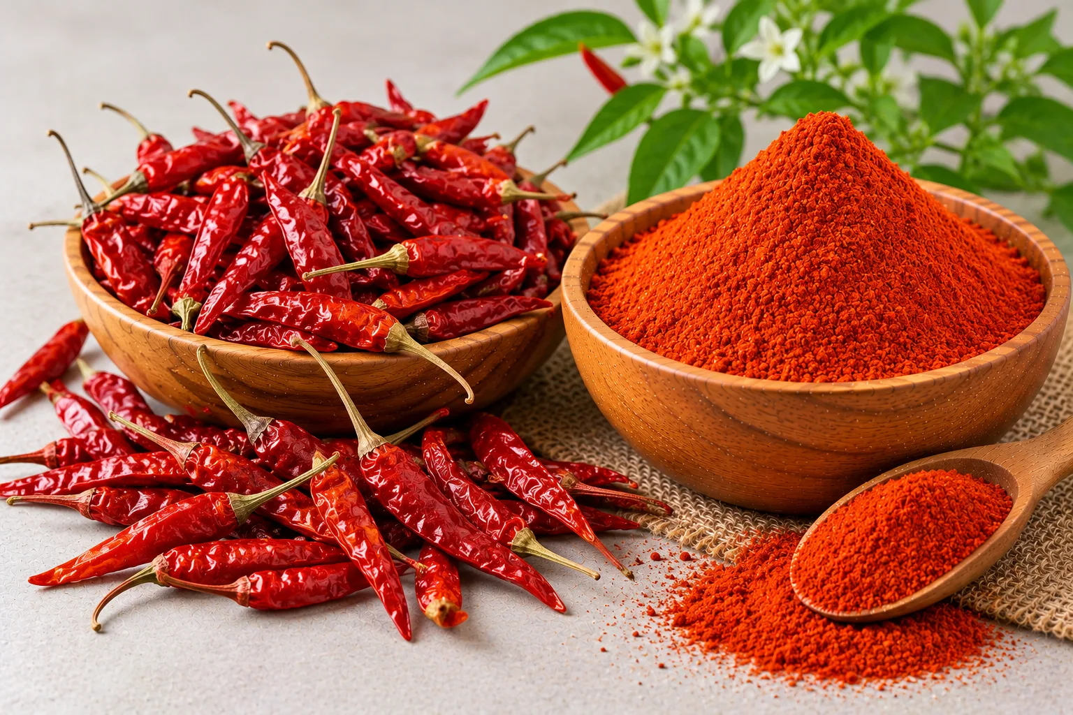 Organic whole red chillies and red chilli (cayenne) powder in wooden bowls
