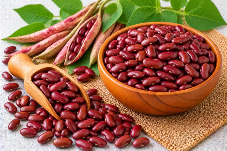 Organic red kidney beans (rajma) in a wooden bowl and scoop, with speckled bean pods and leaves