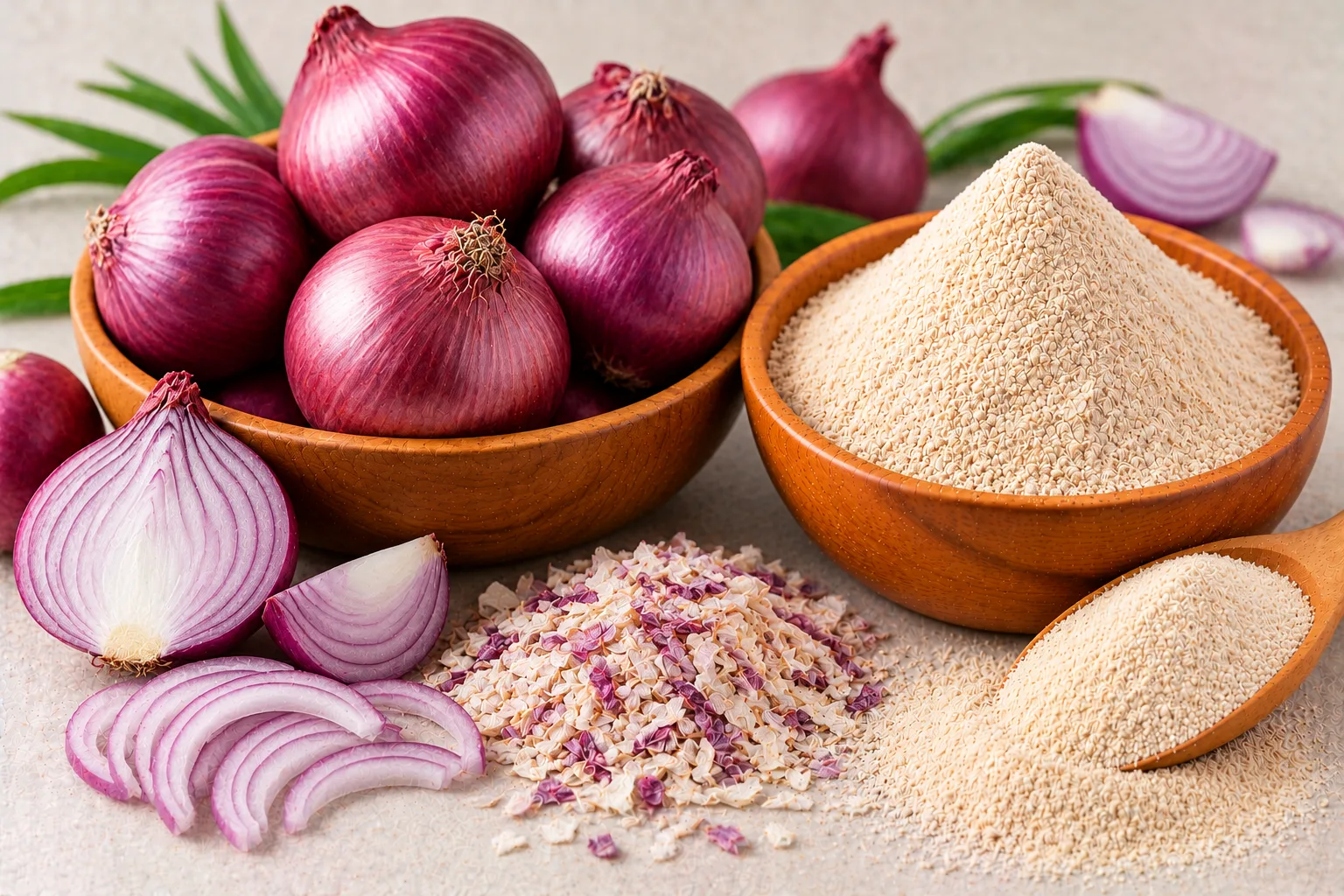Organic red onions with onion flakes and onion powder in wooden bowls