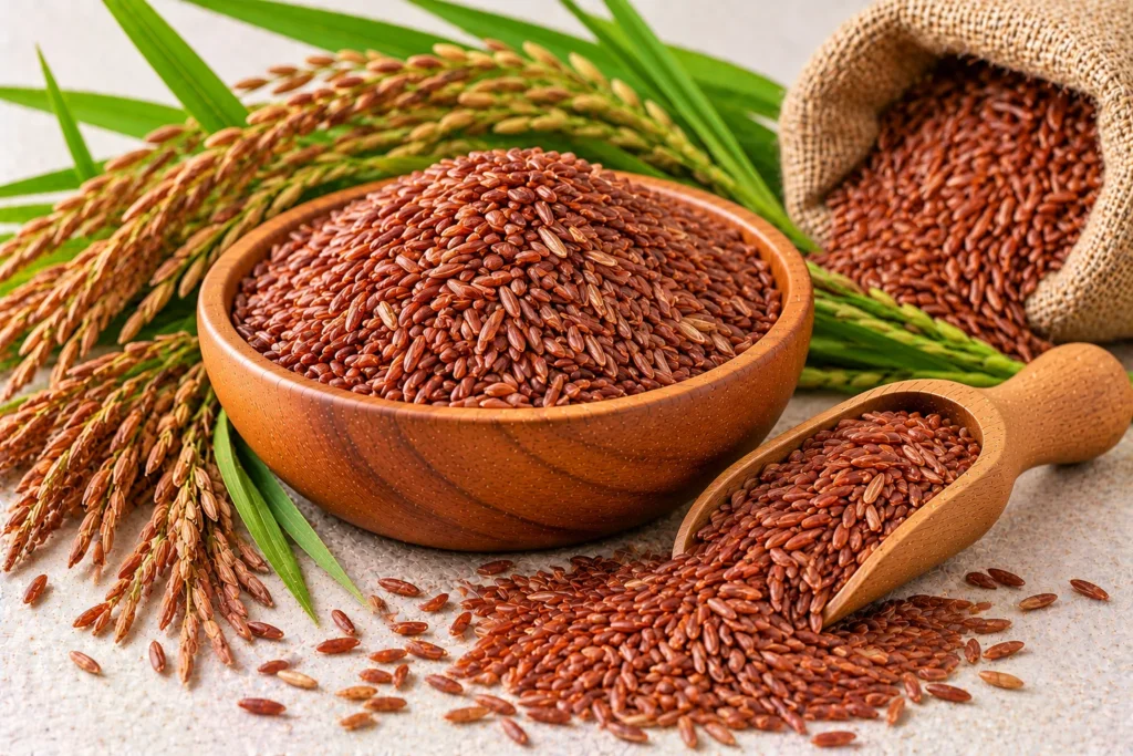 Organic red rice in a wooden bowl and scoop with red rice paddy