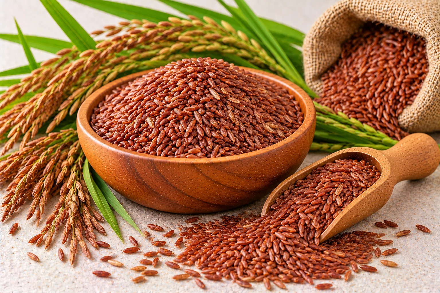 Organic red rice in a wooden bowl and scoop with red rice paddy