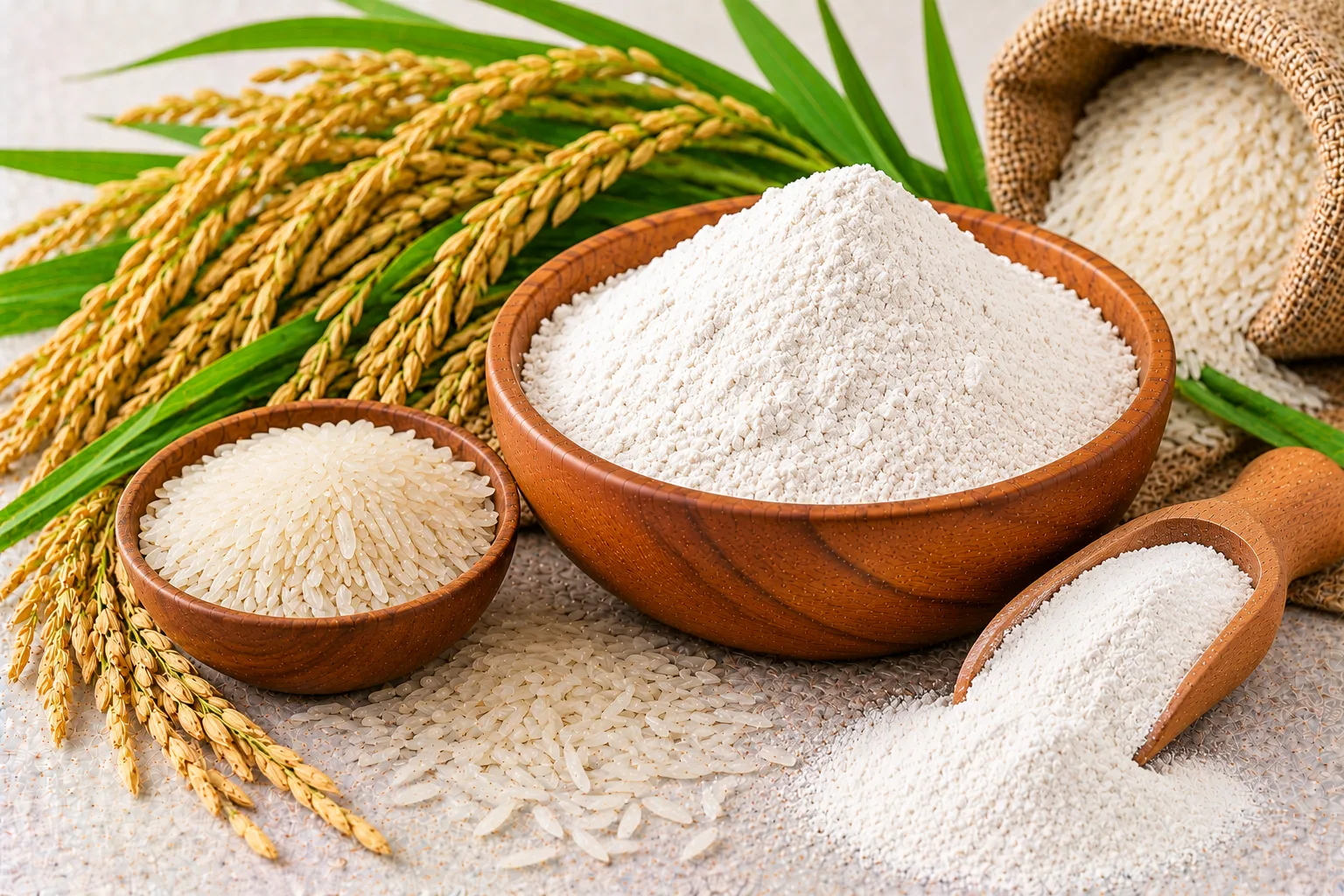 Organic white rice flour in a wooden bowl with rice grains and rice paddy
