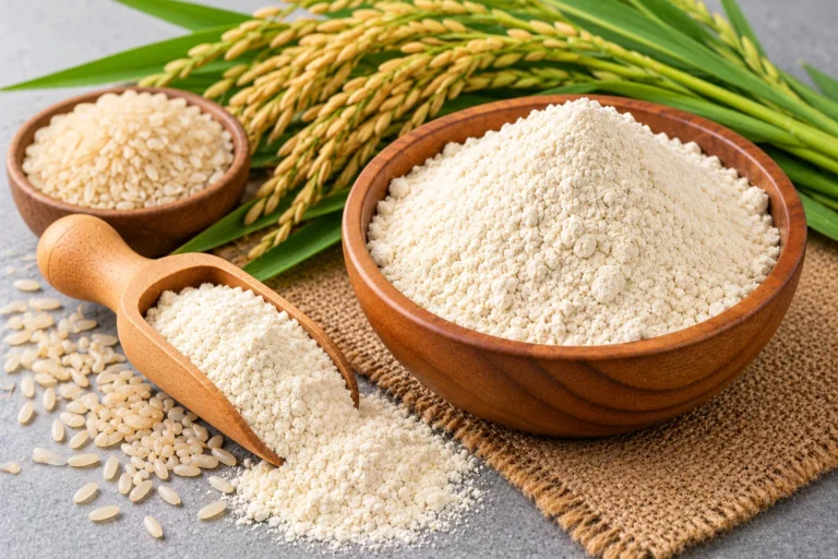 Organic rice protein powder in a wooden bowl and scoop, with brown rice grains and rice plants