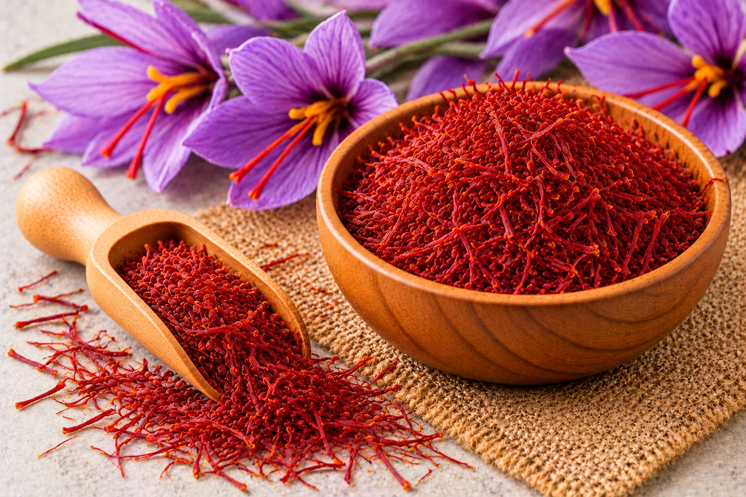 Organic saffron threads in a wooden bowl and scoop, with purple crocus flowers