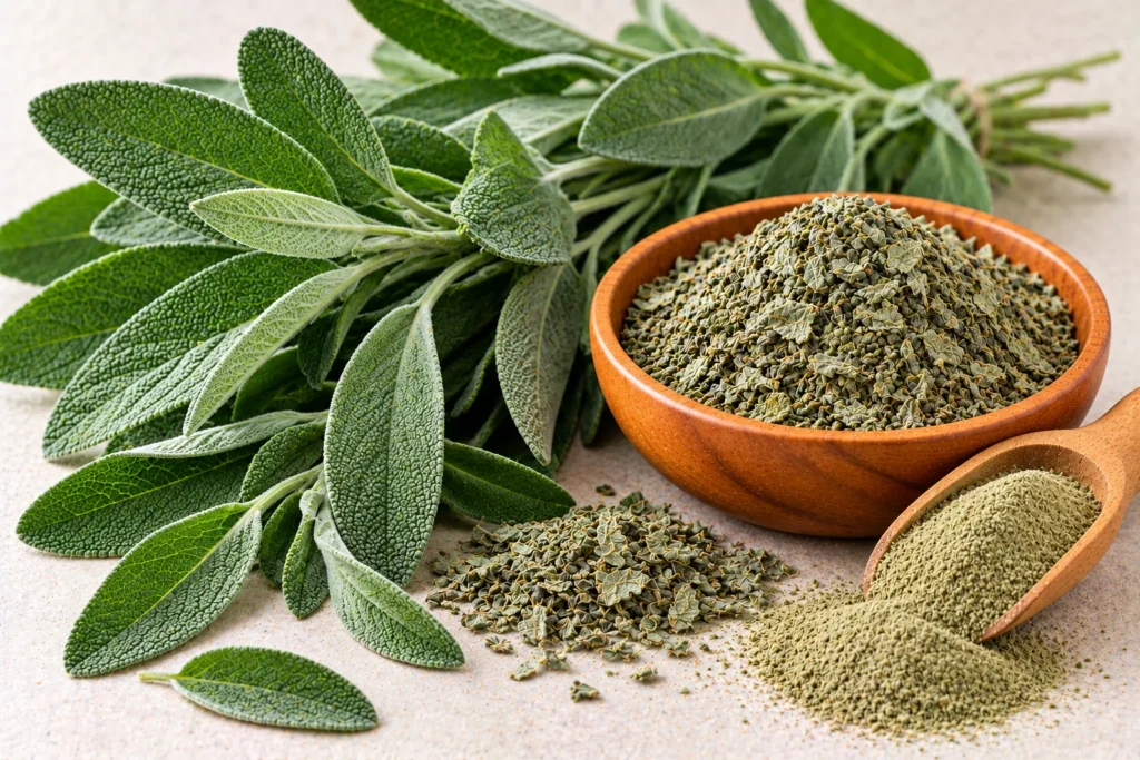 Organic dried sage leaves and sage powder with fresh sage