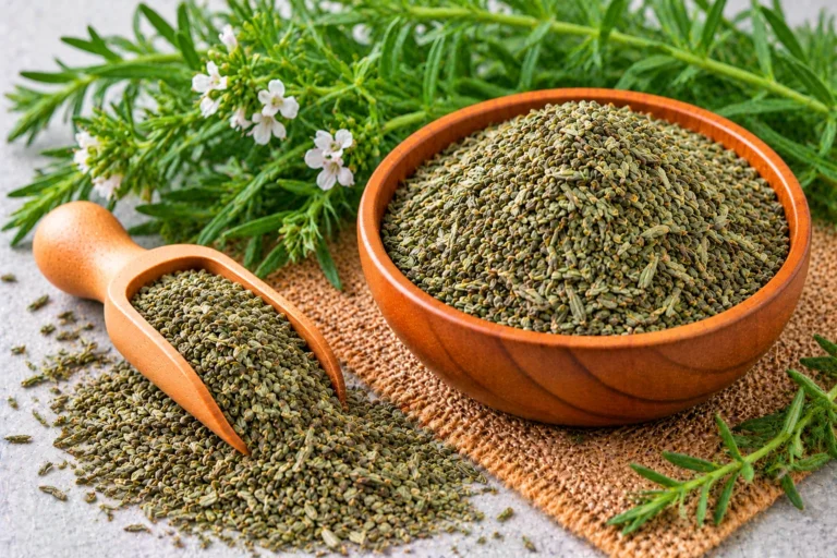 Organic savory herb in a wooden bowl and scoop, with fresh flowering savory sprigs