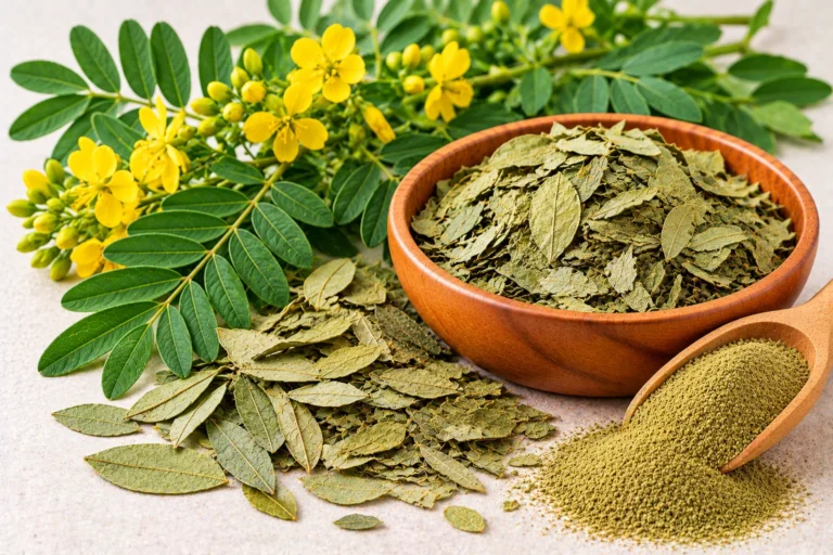 Organic dried senna leaves and senna powder with fresh senna plant and yellow flowers