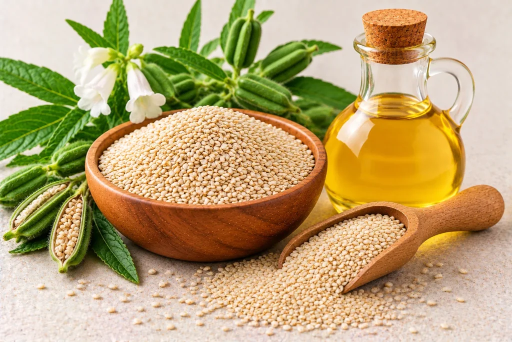 Organic sesame oil in a glass jug with white sesame seeds and sesame plant pods