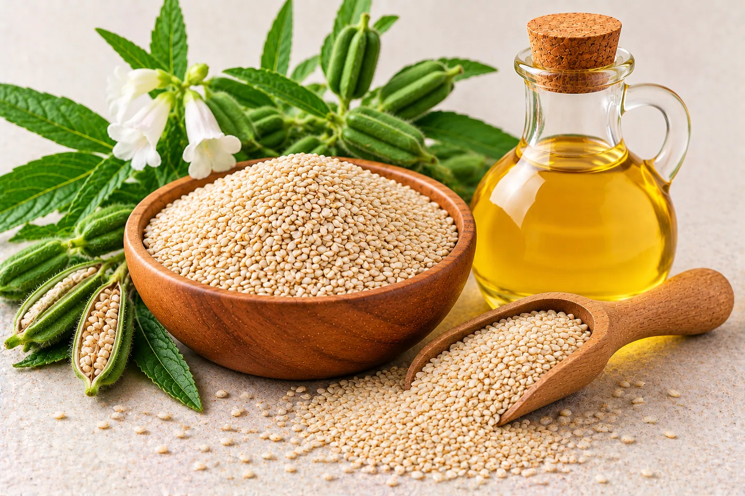 Organic sesame oil in a glass jug with white sesame seeds and sesame plant pods