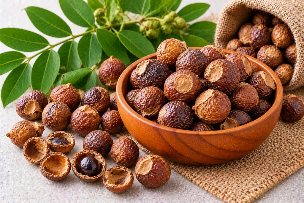 Organic soapnuts (reetha) in a wooden bowl with whole and split shells, a jute sack and soapnut leaves