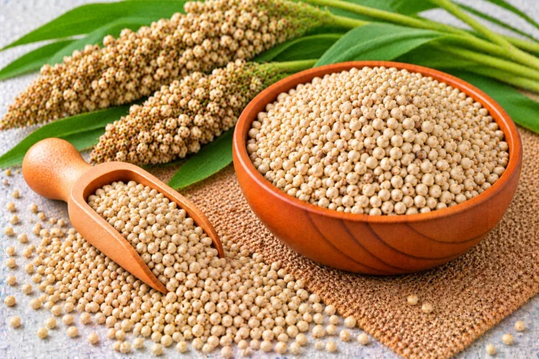 Organic sorghum (jowar) grains in a wooden bowl and scoop, with sorghum heads and leaves