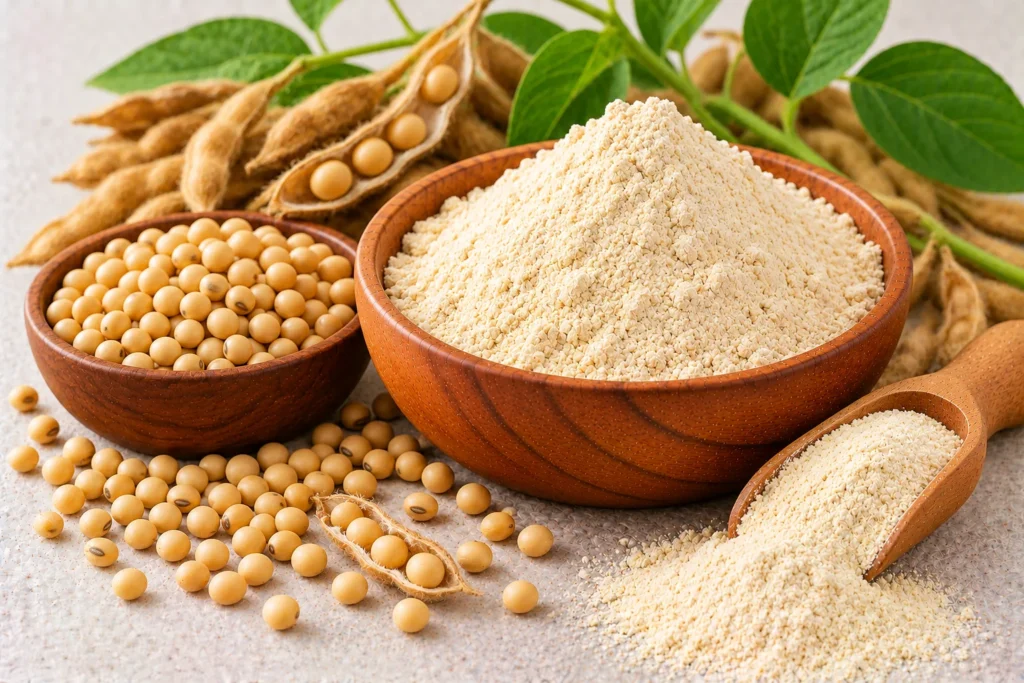 Organic soyabean flour in a wooden bowl with whole soybeans and soybean pods
