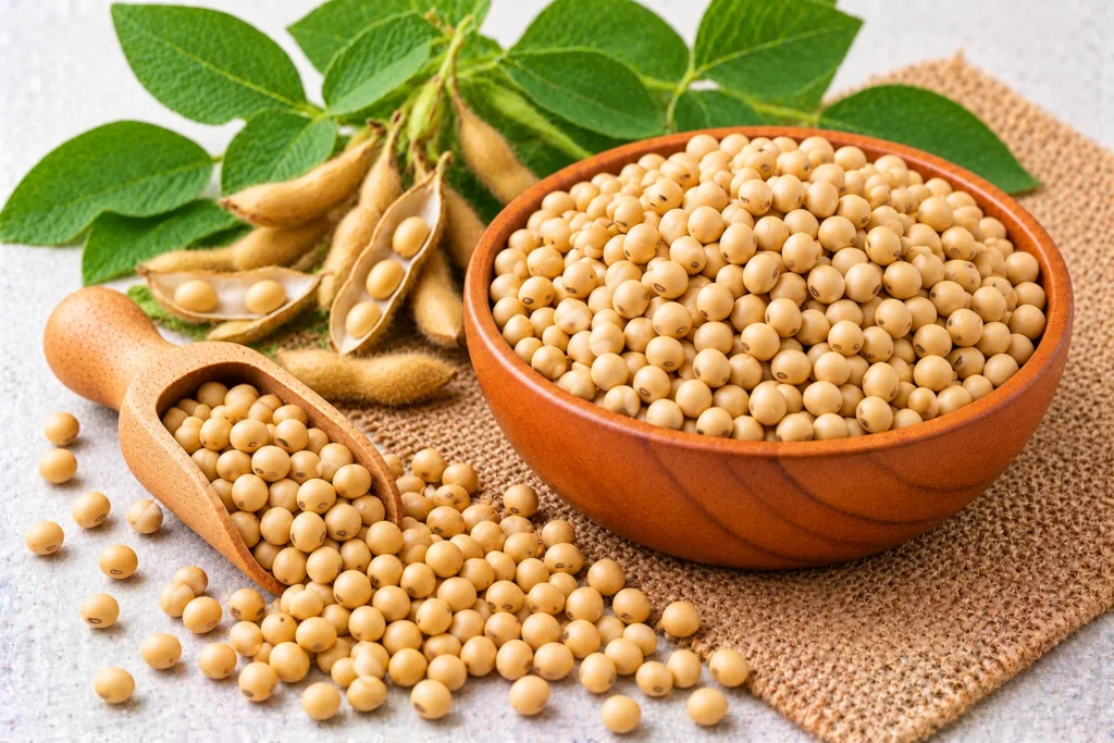 Organic soybeans in a wooden bowl and scoop, with dry soybean pods and green soybean leaves