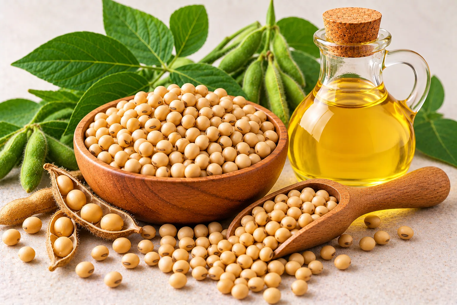 Organic soybean oil in a glass jug with soybeans and soybean pods