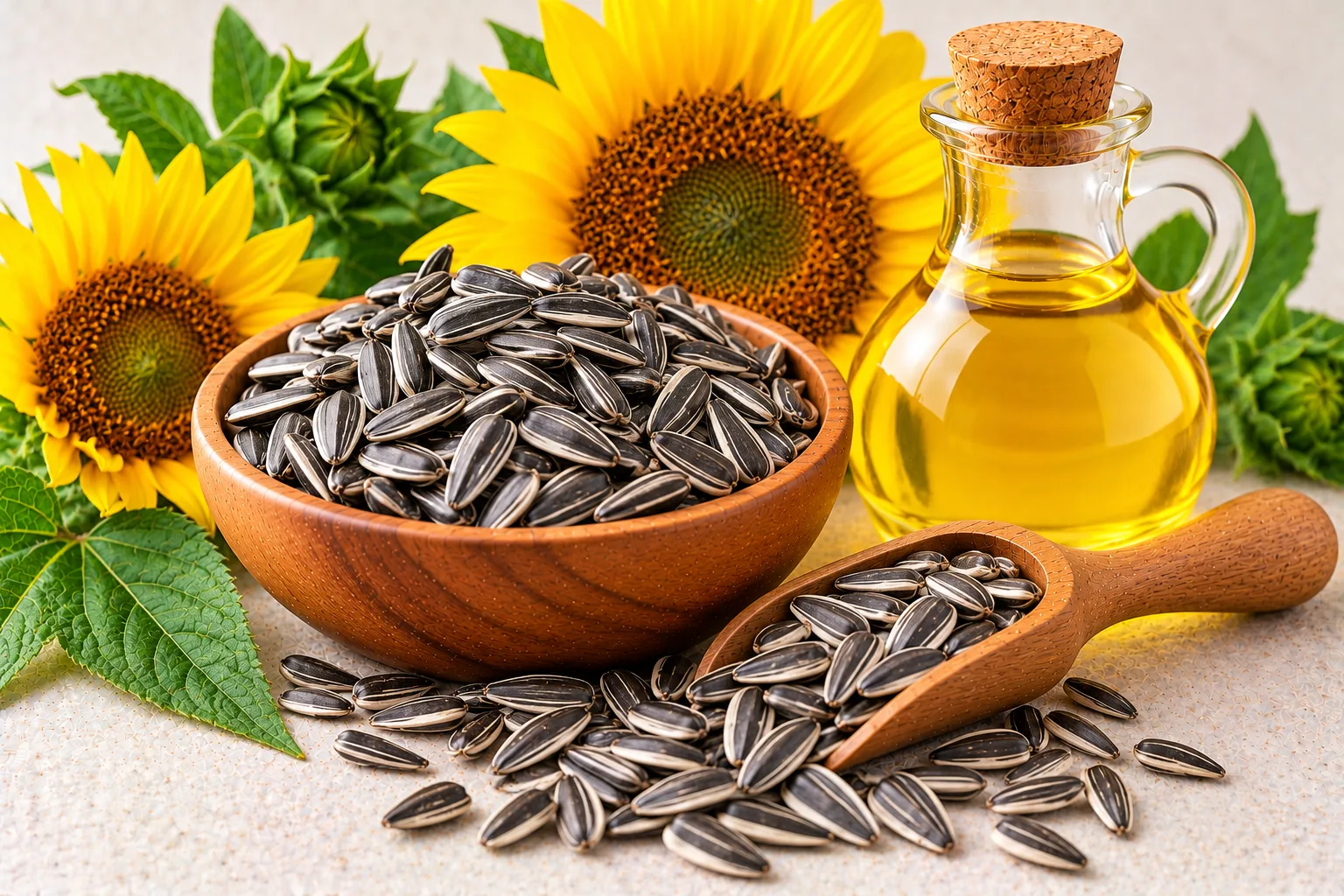 Organic sunflower oil in a glass jug with sunflower seeds and sunflowers