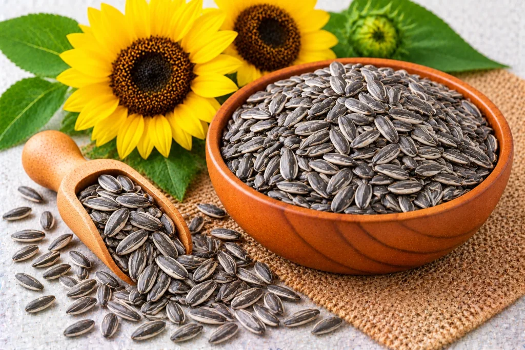 Organic striped sunflower seeds in a wooden bowl and scoop, with sunflower blooms and leaves