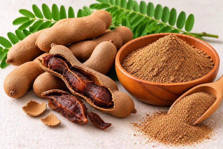 Organic tamarind pods with pulp and tamarind powder in a wooden bowl