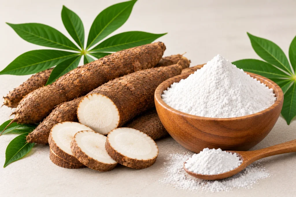 Organic tapioca starch and cassava powder in a wooden bowl with fresh cassava roots