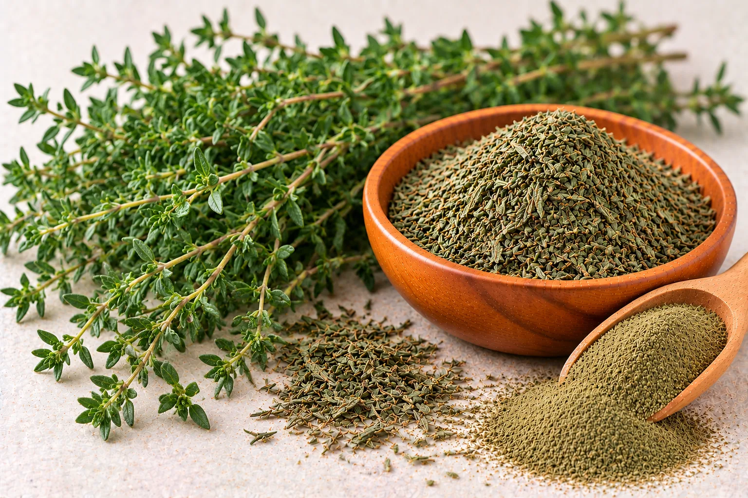 Organic dried thyme leaves and thyme powder with fresh thyme sprigs