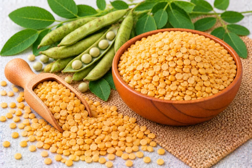 Organic toor dal (split pigeon peas, arhar) in a wooden bowl and scoop, with green pigeon pea pods and leaves
