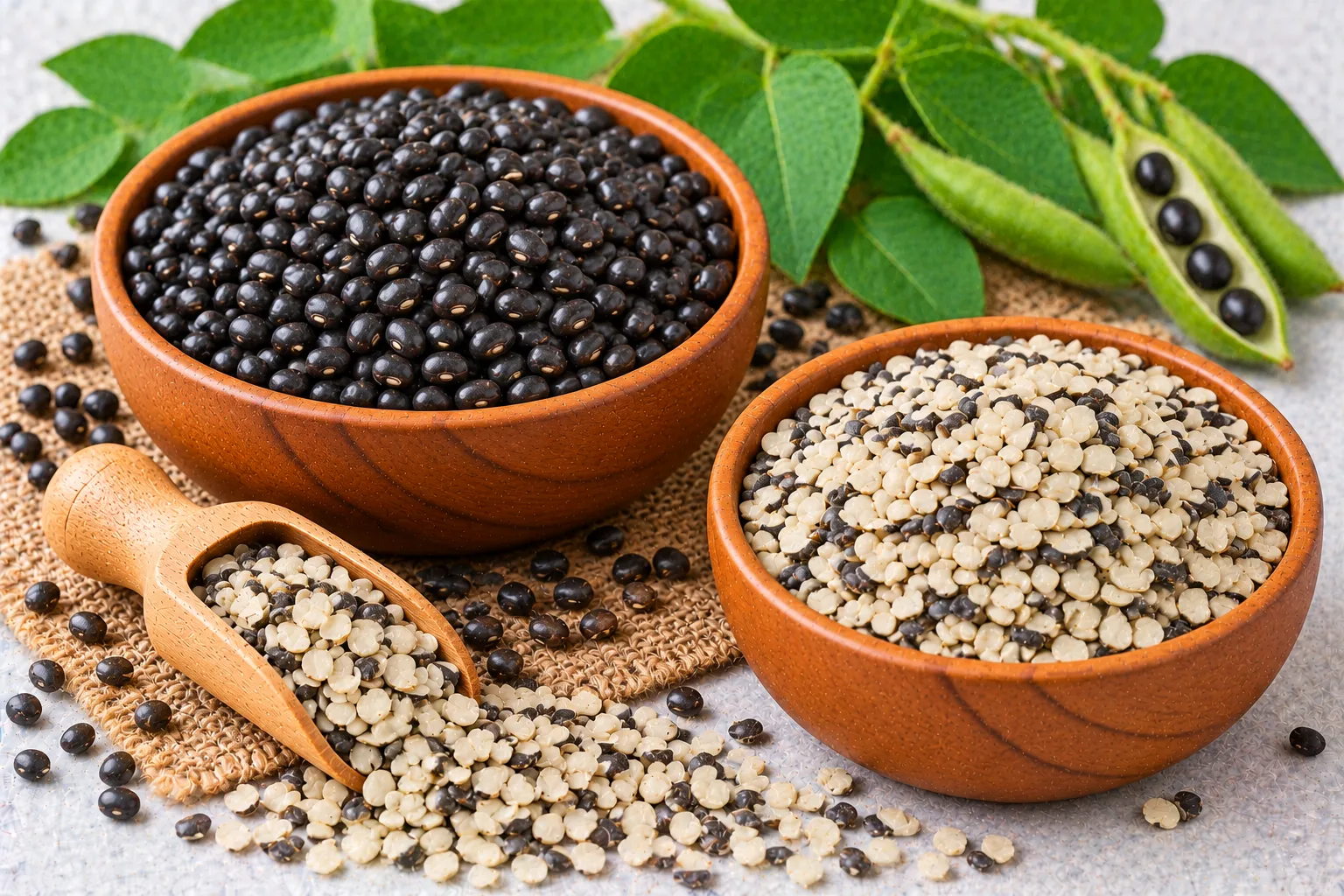Organic whole black urad (black gram) and split urad dal with skin in wooden bowls, with green urad pods and leaves
