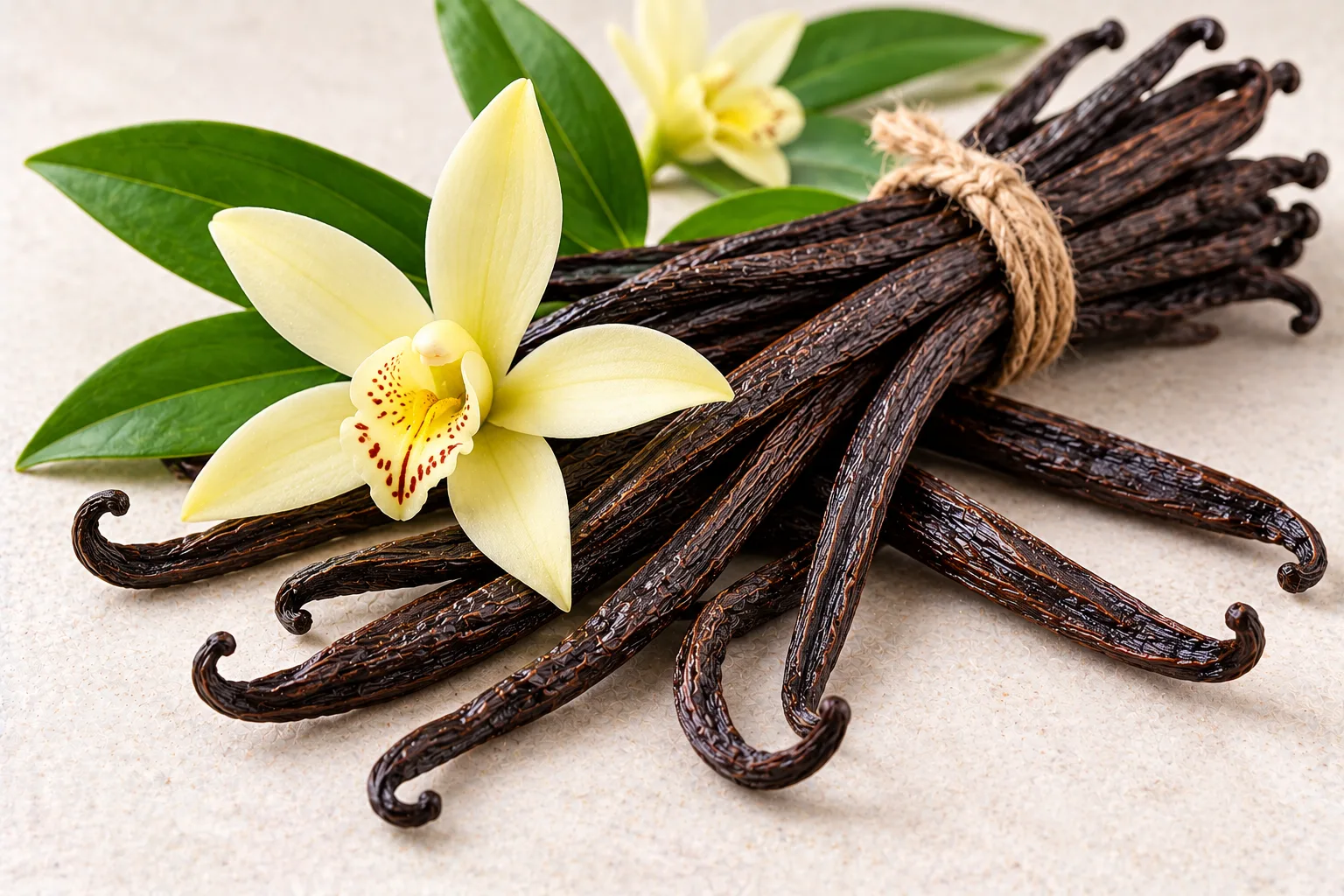 Bundle of organic vanilla beans with vanilla orchid flowers