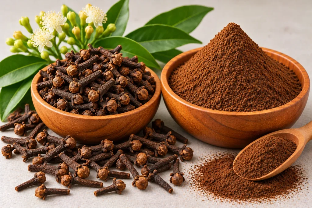 Organic whole cloves and clove powder in wooden bowls with clove buds and leaves