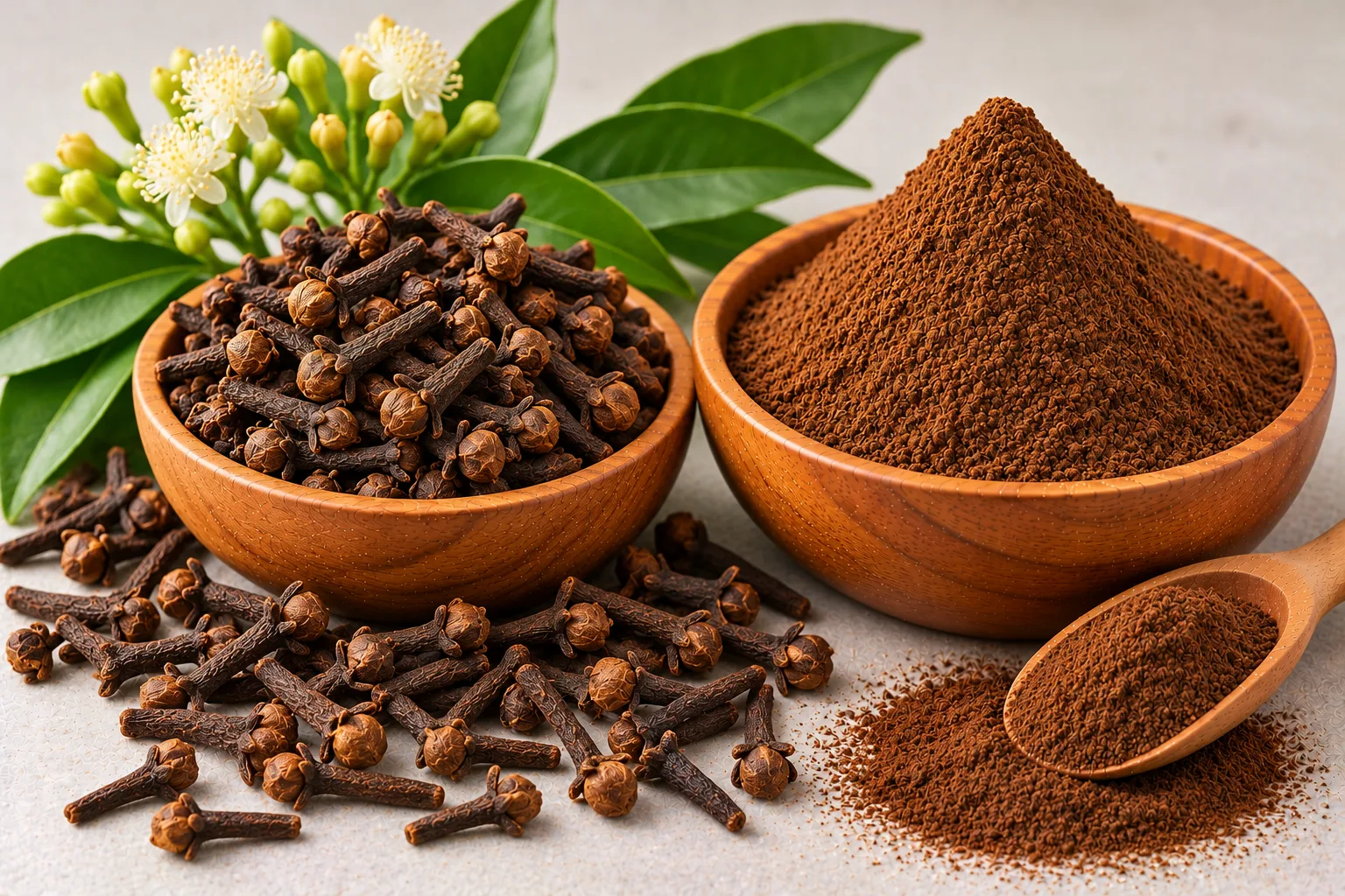 Organic whole cloves and clove powder in wooden bowls with clove buds and leaves