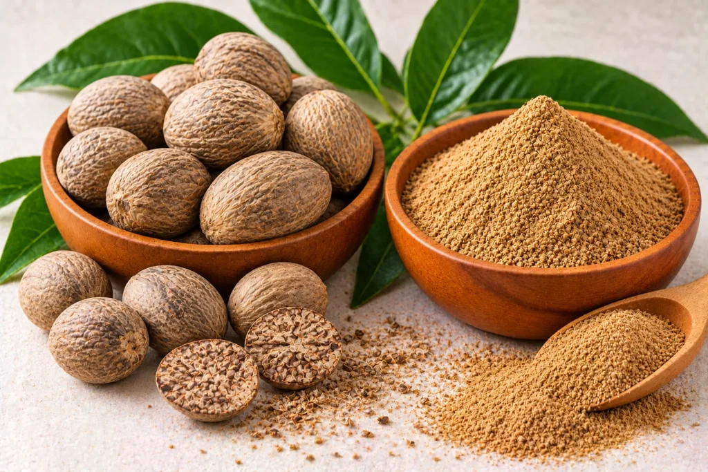 Organic whole nutmegs and nutmeg powder in wooden bowls